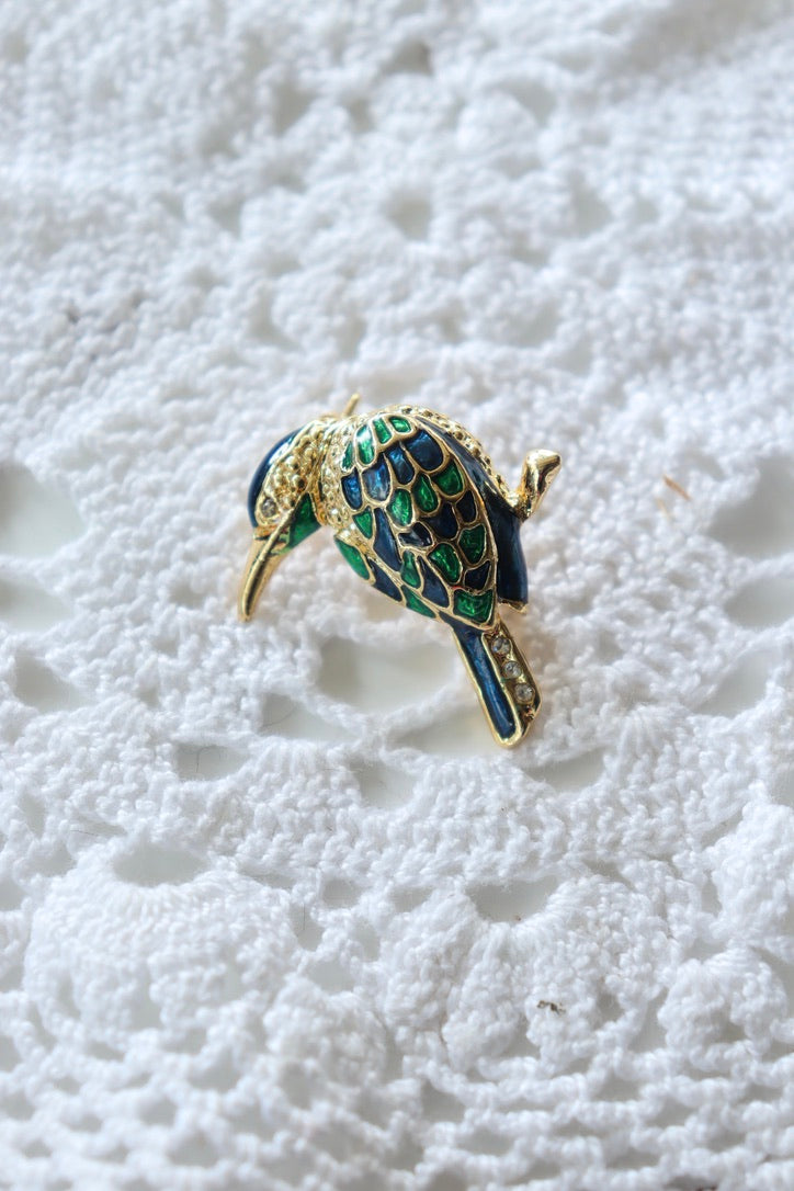 Broche vintage oiseau émaillé vert bleu la friperie vintage 25