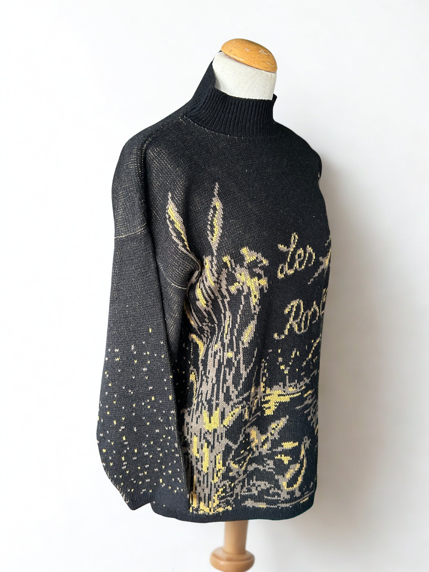 Pull vintage col montant motif oiseaux