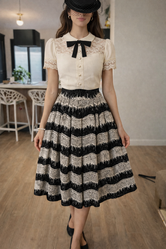 Jupe vintage noire écrue à motifs