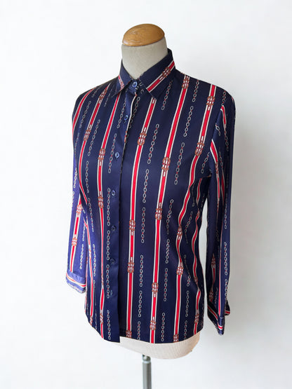 Chemisier vintage motifs chaînes bleu rouge