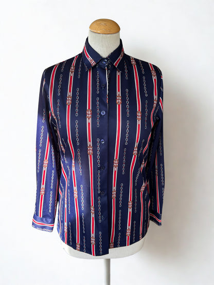 Chemisier vintage motifs chaînes bleu rouge