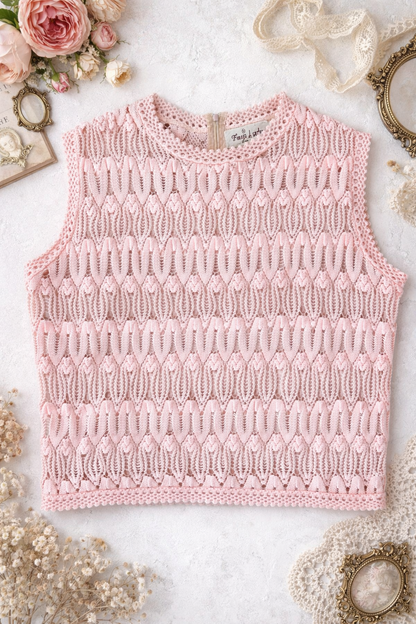 Top vintage en mailles ajourées rose