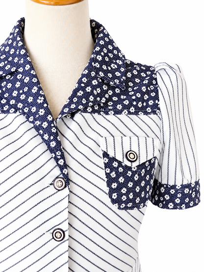 Robe vintage rayée fleurie bleu