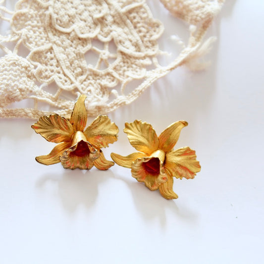 Boucles d'oreille clips vintage Camelia Paris créateur français or et perle