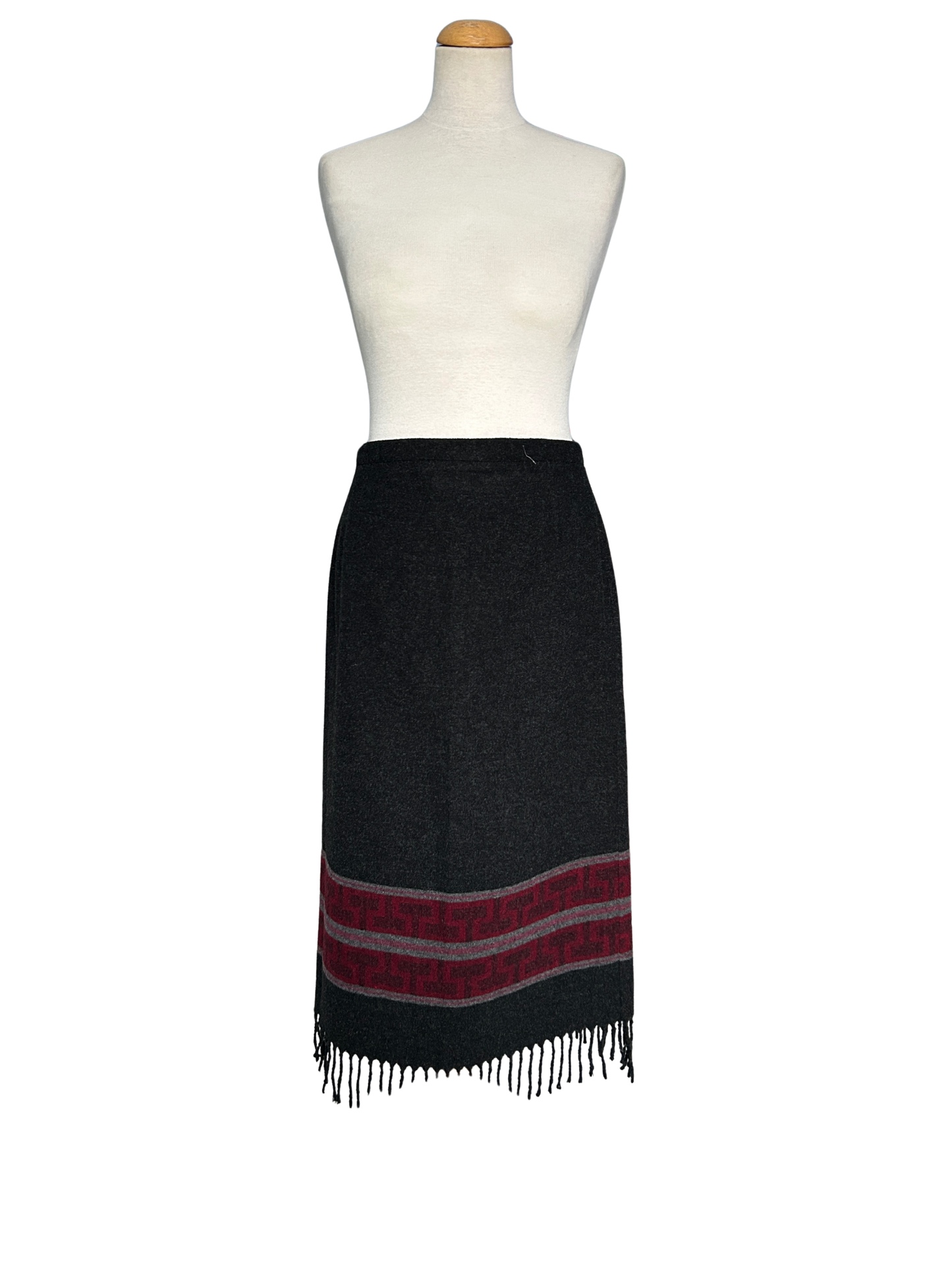 Jupe longue vintage noire à franges – Motif géométrique bordeaux