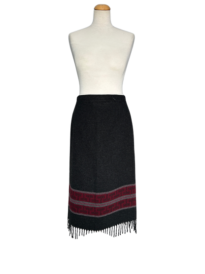 Jupe longue vintage noire à franges – Motif géométrique bordeaux