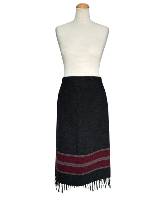 Jupe longue vintage noire à franges – Motif géométrique bordeaux