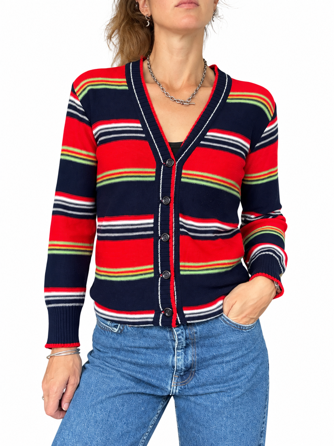 Gilet rayé vintage rouge et bleu marine