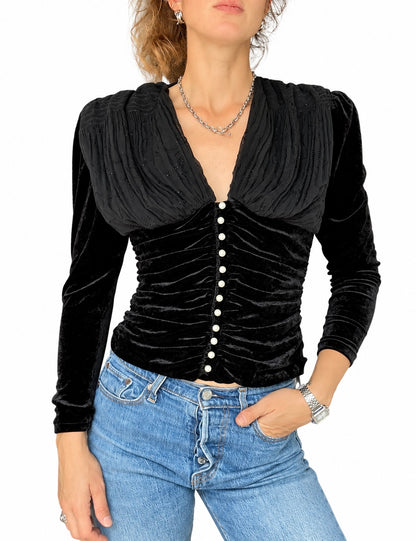 Haut noir vintage velours froncé