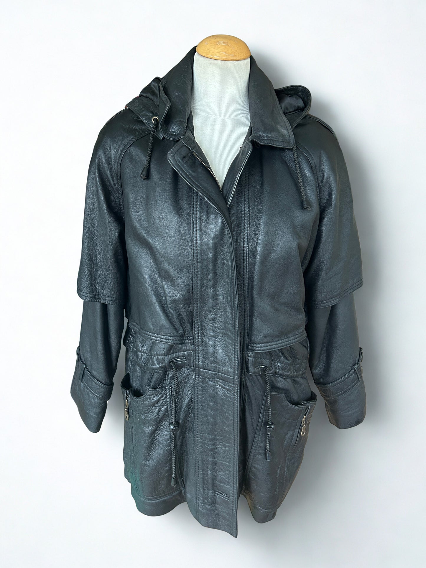 Parka vintage en cuir d’agneau noir