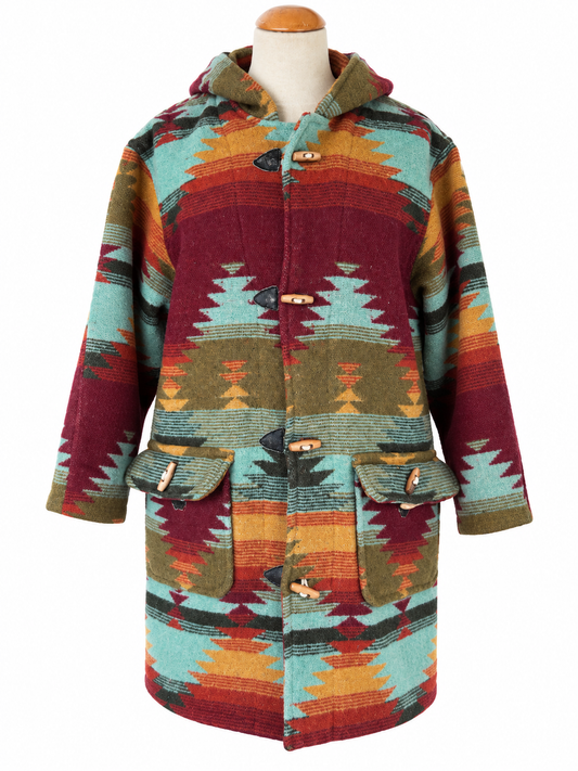 Manteau vintage à capuche motifs aztèques multicolores