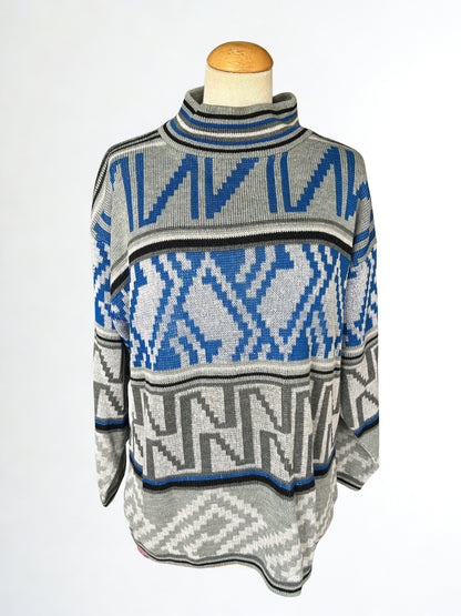 Pull vintage col montant motif gris bleu