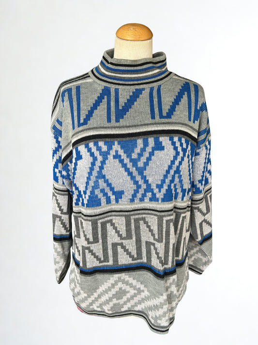 Pull vintage col montant motif gris bleu
