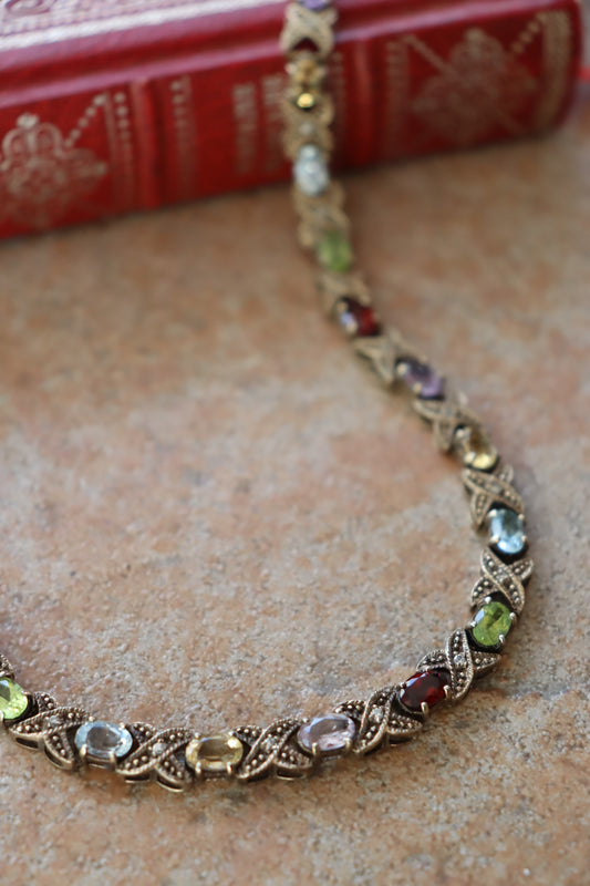 Collier vintage argent 925 doré et pierre colorées