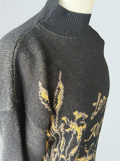 Pull vintage col montant motif oiseaux