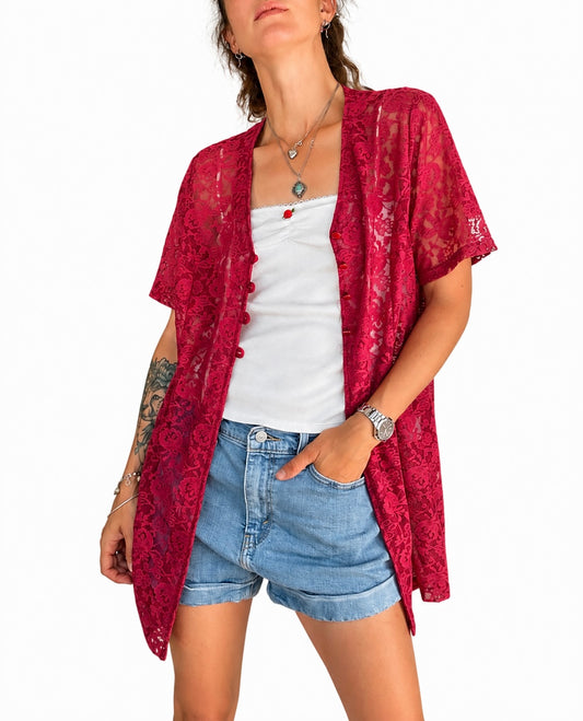 Gilet long dentelle framboise vintage