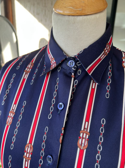 Chemisier vintage motifs chaînes bleu rouge