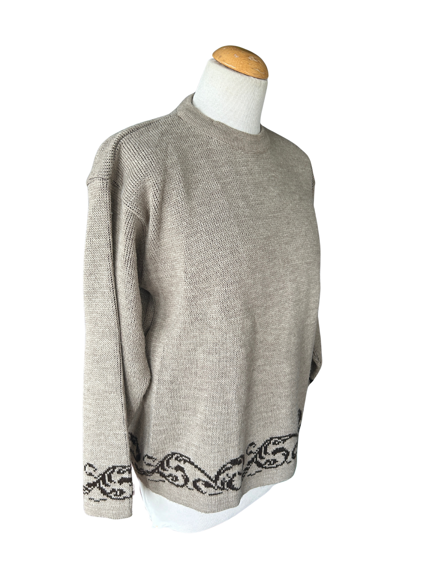 Pull vintage beige à motifs marron