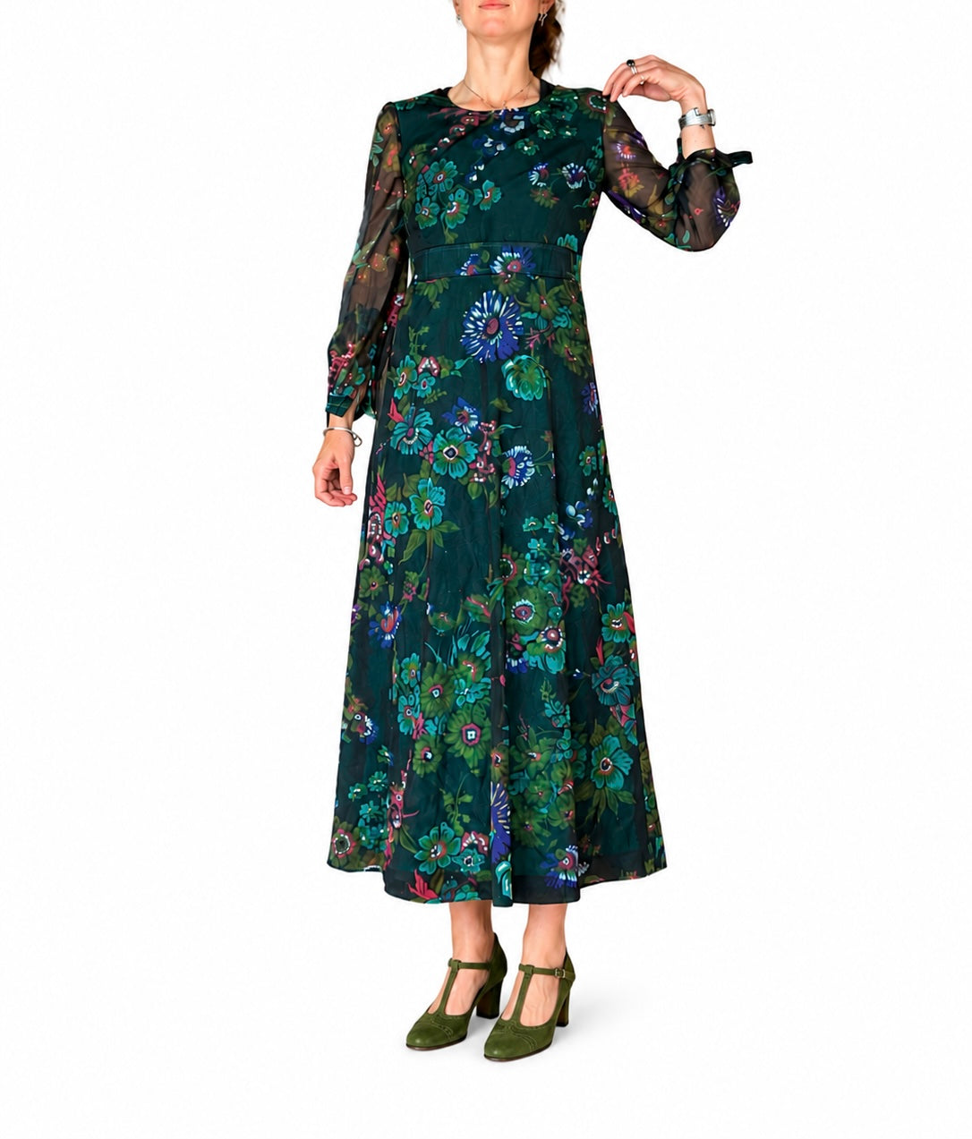 Robe longue vintage fleurie verte