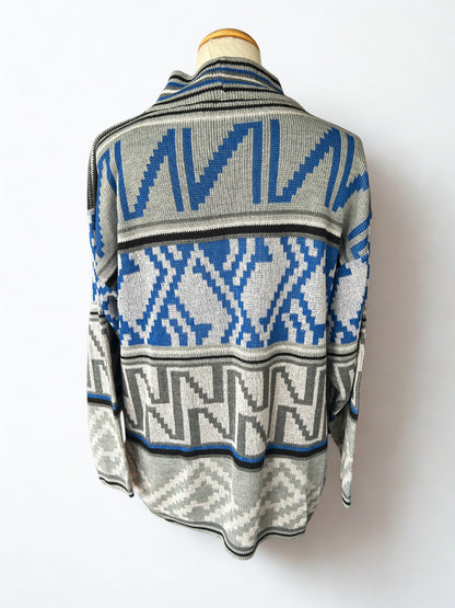 Pull vintage col montant motif gris bleu