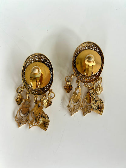 Boucles d’oreille clips vintage dorées cabochon turquoise