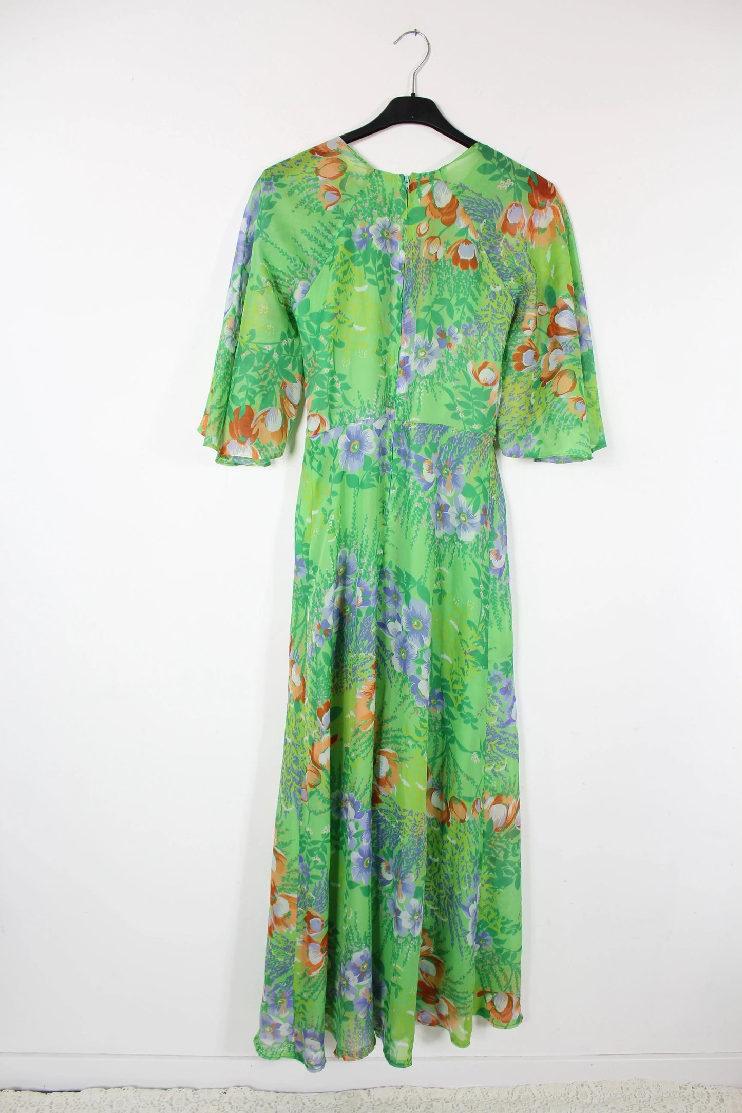 Robe longue vintage années 70 verte à fleurs - la friperie vintage 25