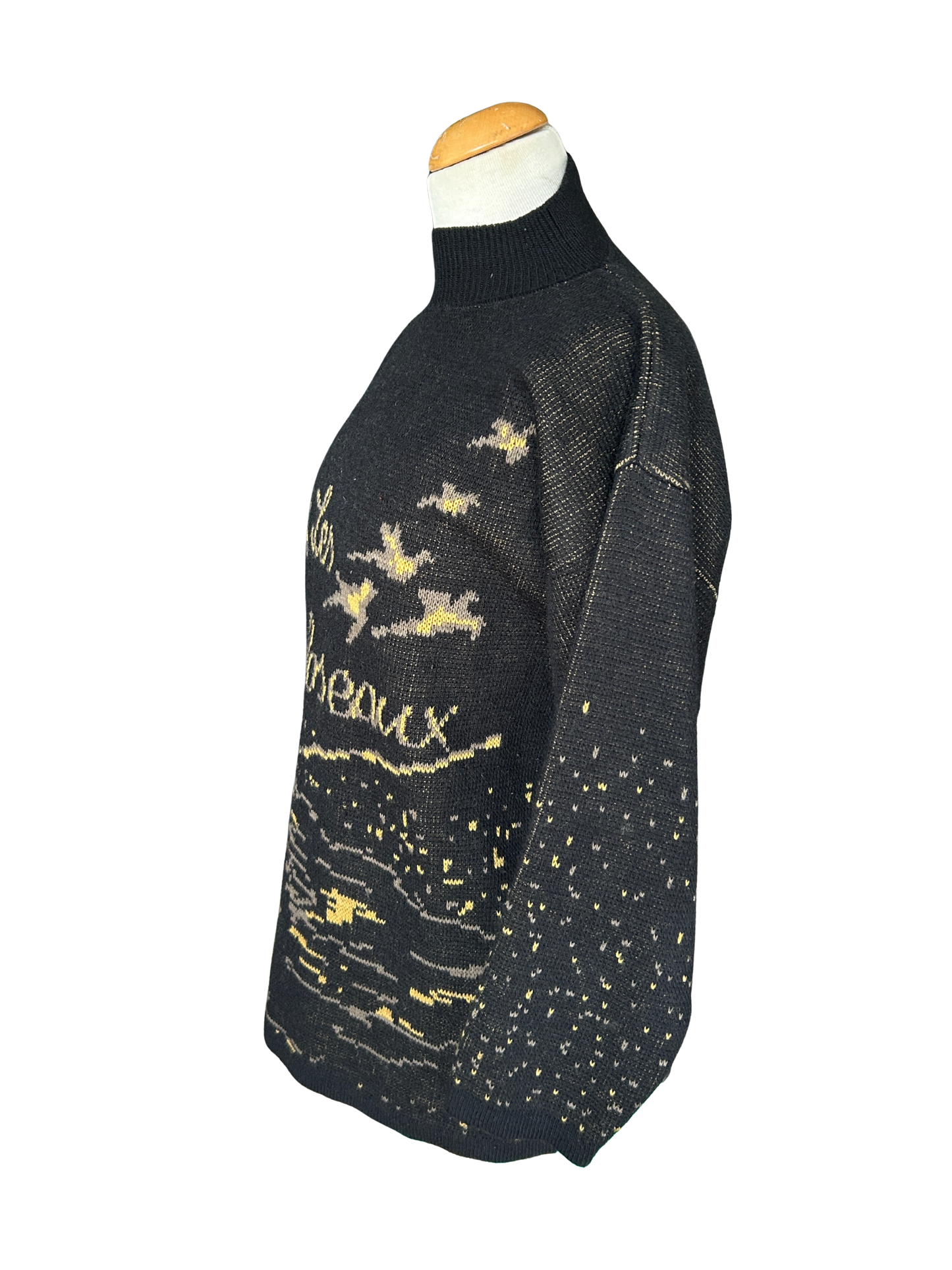 Pull vintage col montant motif oiseaux