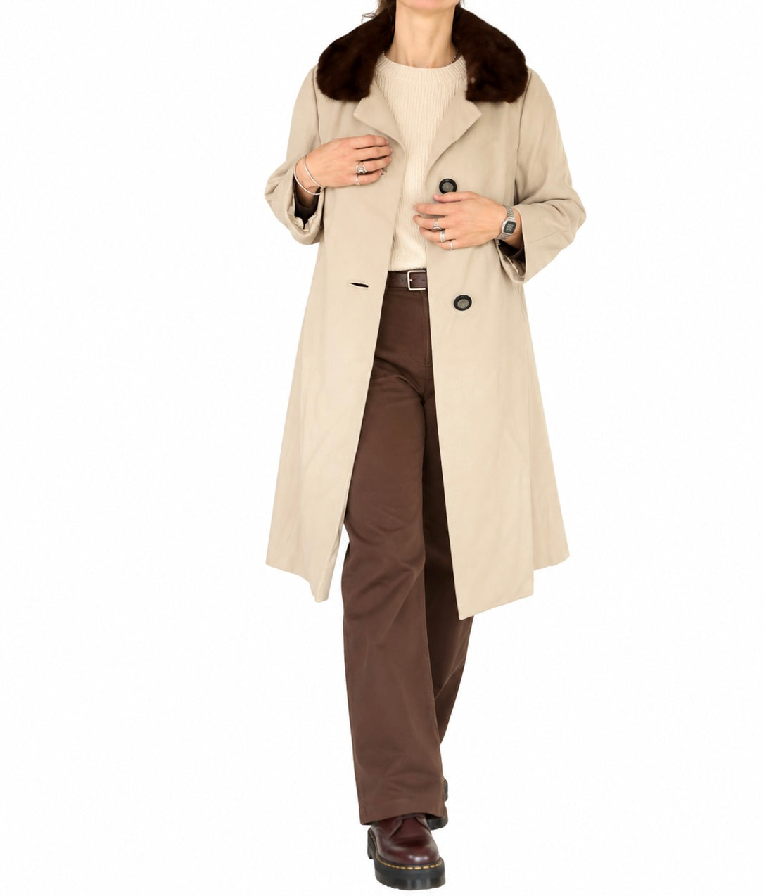 Manteau long vintage beige col fourrure