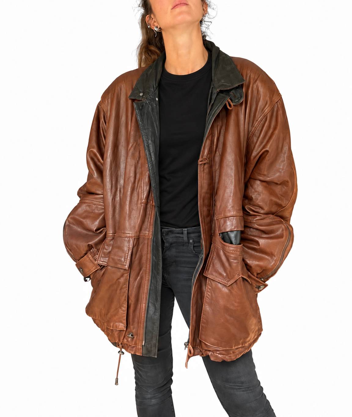 Veste en cuir vintage marron oversize