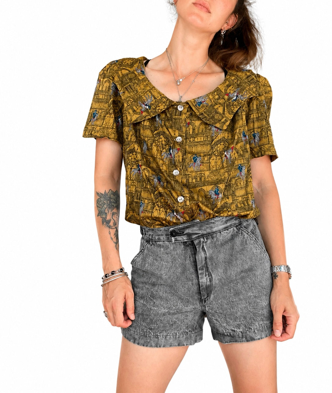 Blouse vintage imprimé médiéval moutarde