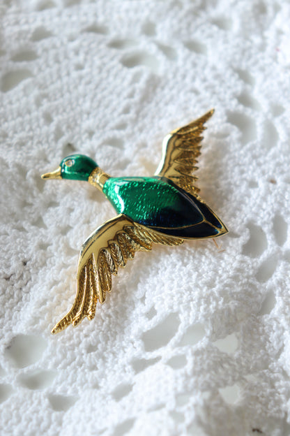 Broche vintage canard émaillé or vert la friperie vintage 25