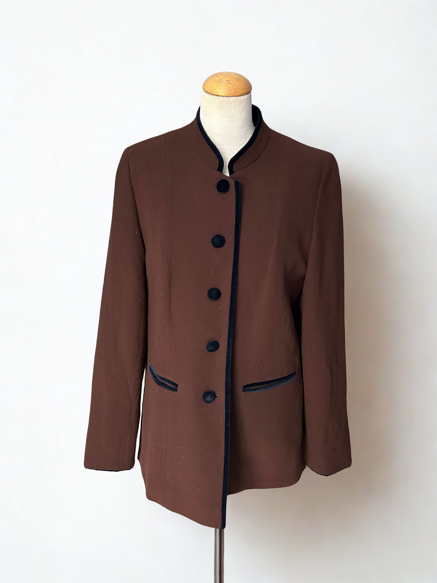 Veste vintage en laine marron à col officier – Made in France (années 80/90)