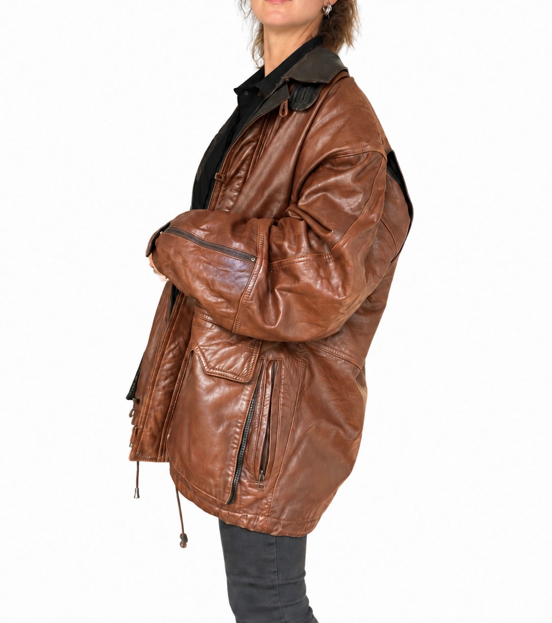 Veste en cuir vintage marron oversize