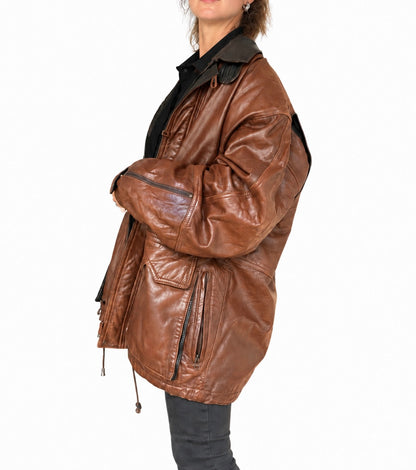Veste en cuir vintage marron oversize
