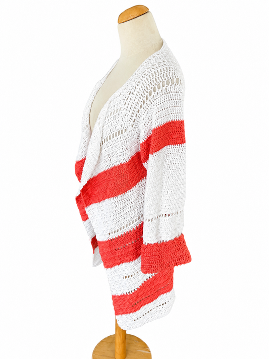 Gilet long en crochet orange blanc