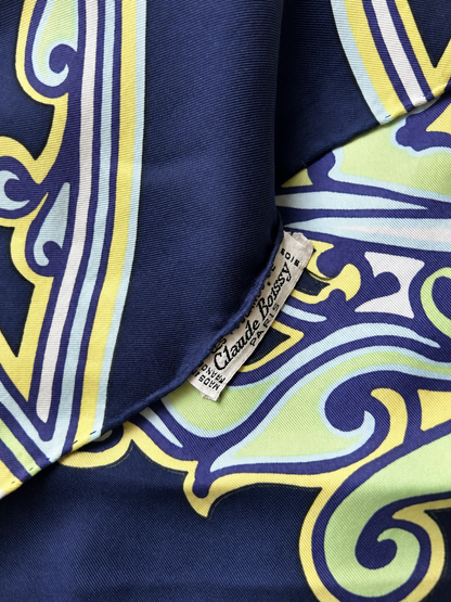Foulard vintage soie Claude Boissy bleu jaune