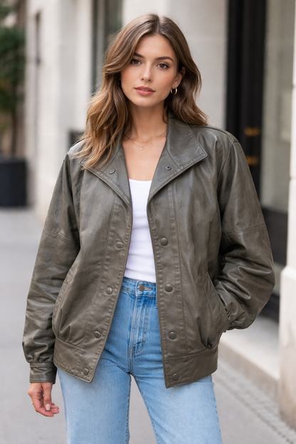 Veste en cuir d’agneau marron taupe oversize