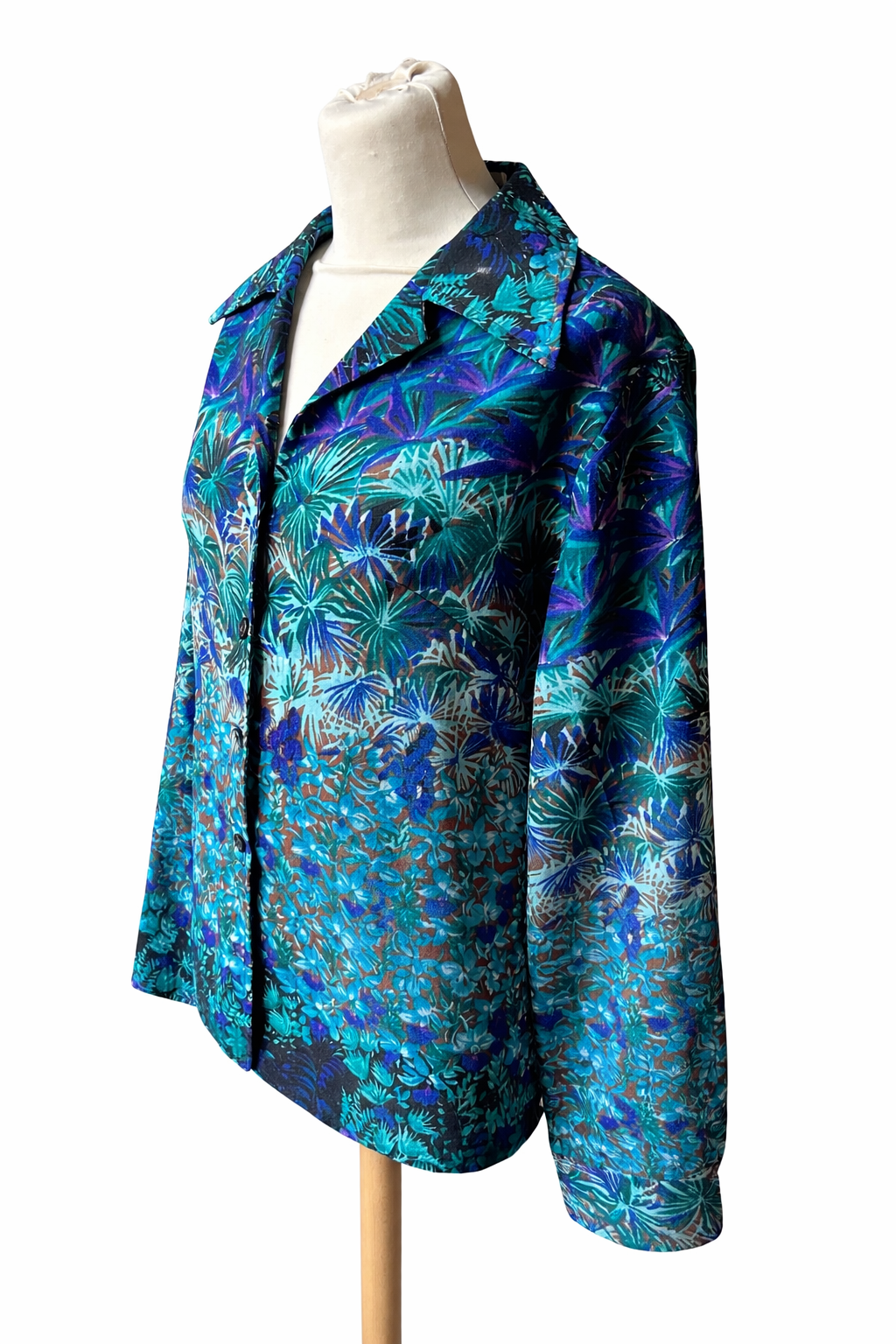 Chemisier vintage imprimé tropical bleu vert