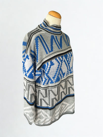 Pull vintage col montant motif gris bleu