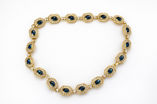 Collier vintage signé doré pierres bleu saphir