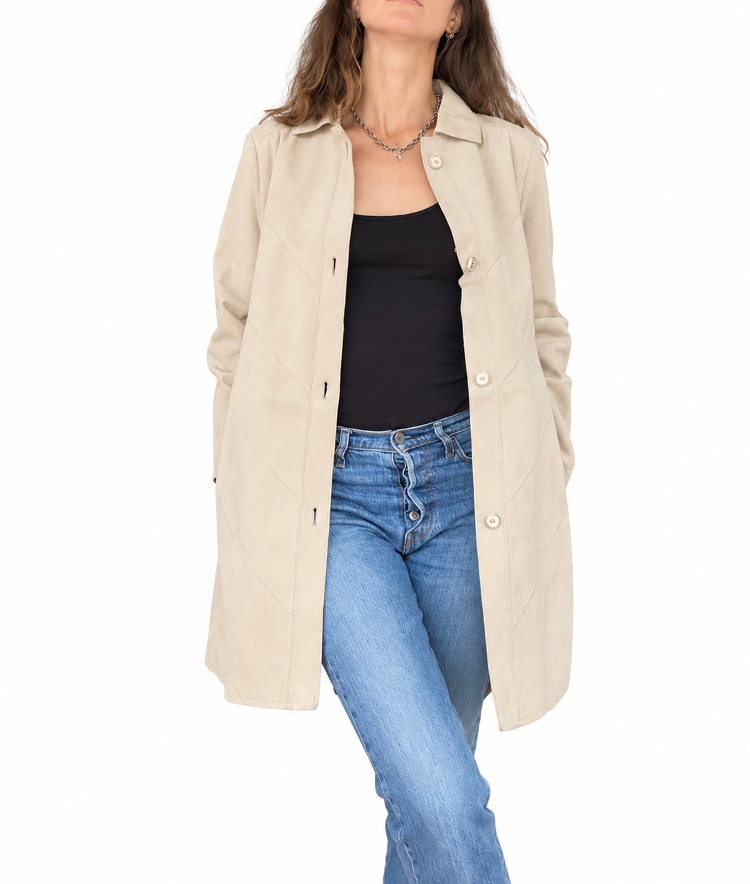 Veste longue vintage beige effet suedé