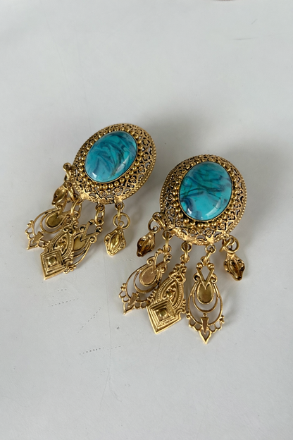 Boucles d’oreille clips vintage dorées cabochon turquoise