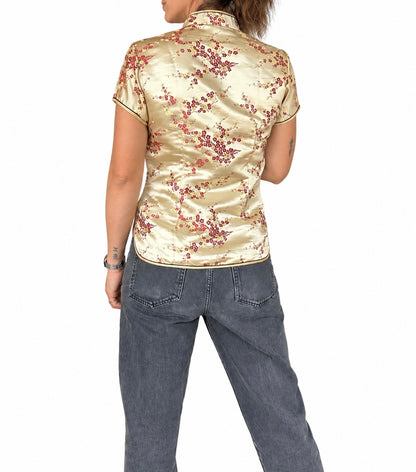 Top chinois vintage doré à fleurs