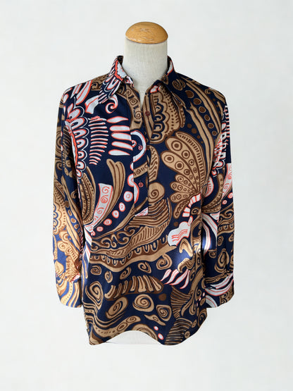 Chemisier vintage motifs graphiques bleu marron