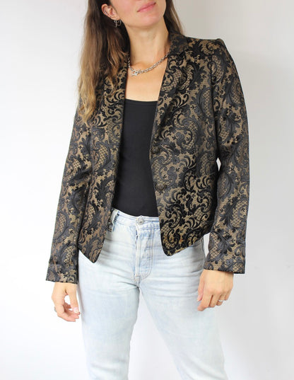 Veste vintage satin noir et motifs baroques dorés Kookaï France la friperie vintage 25