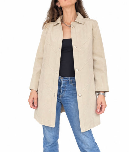 Veste longue vintage beige effet suedé