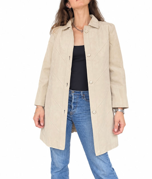 Veste longue vintage beige effet suedé