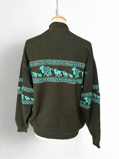 Pull vintage col montant motif frise turquoise – Fabriqué en France – L/XL