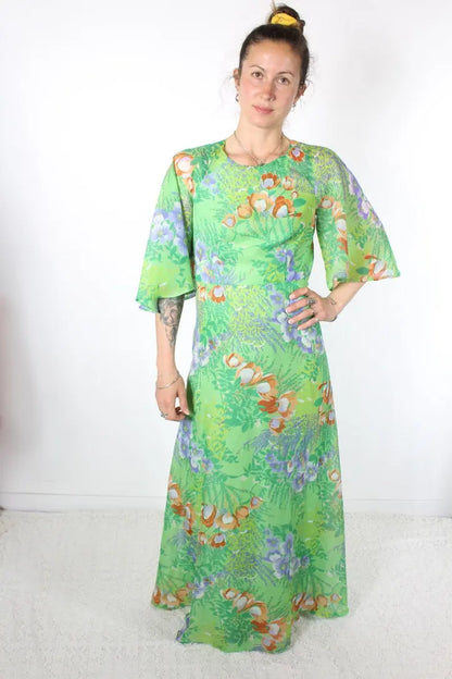 Robe longue vintage années 70 verte à fleurs - la friperie vintage 25