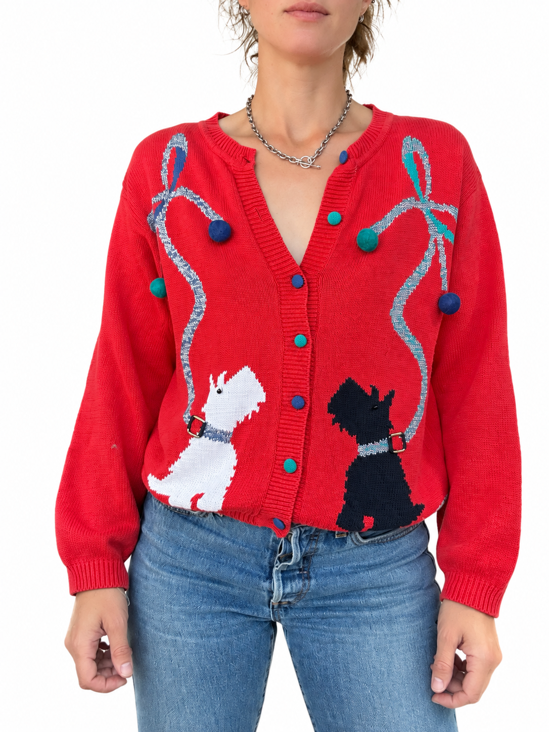 Gilet vintage rouge motifs chiens